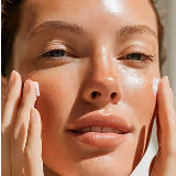 Close-up of a woman gently touching her glowing, healthy skin on her face.